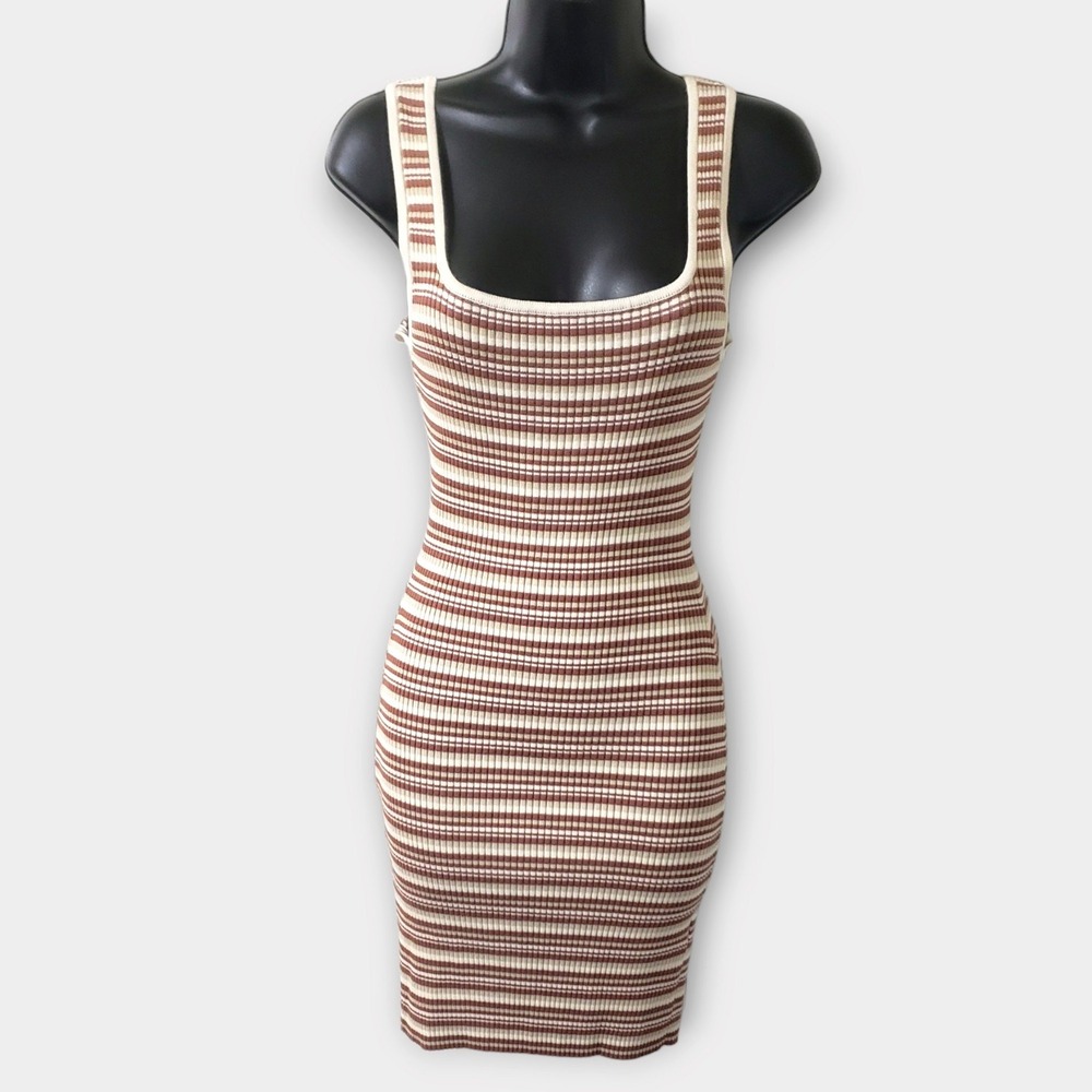 NWT Abercrombie & Fitch Reversible Ribbed Bodycon Tank Dress Brown Stripe  Small
